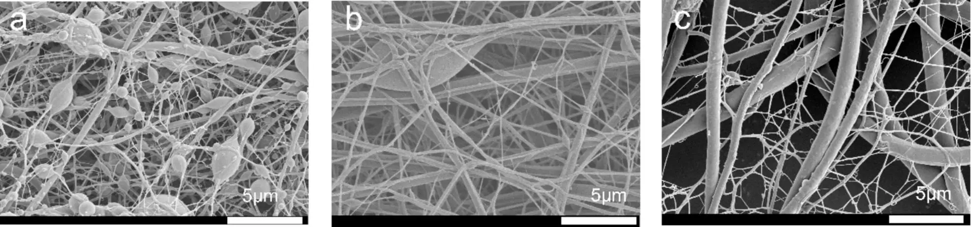 不同 PVDF/PPEGMA 嵌段比的静电纺丝 PVDF-b-PPEGMA 共聚物纤维的 SEM 照片
