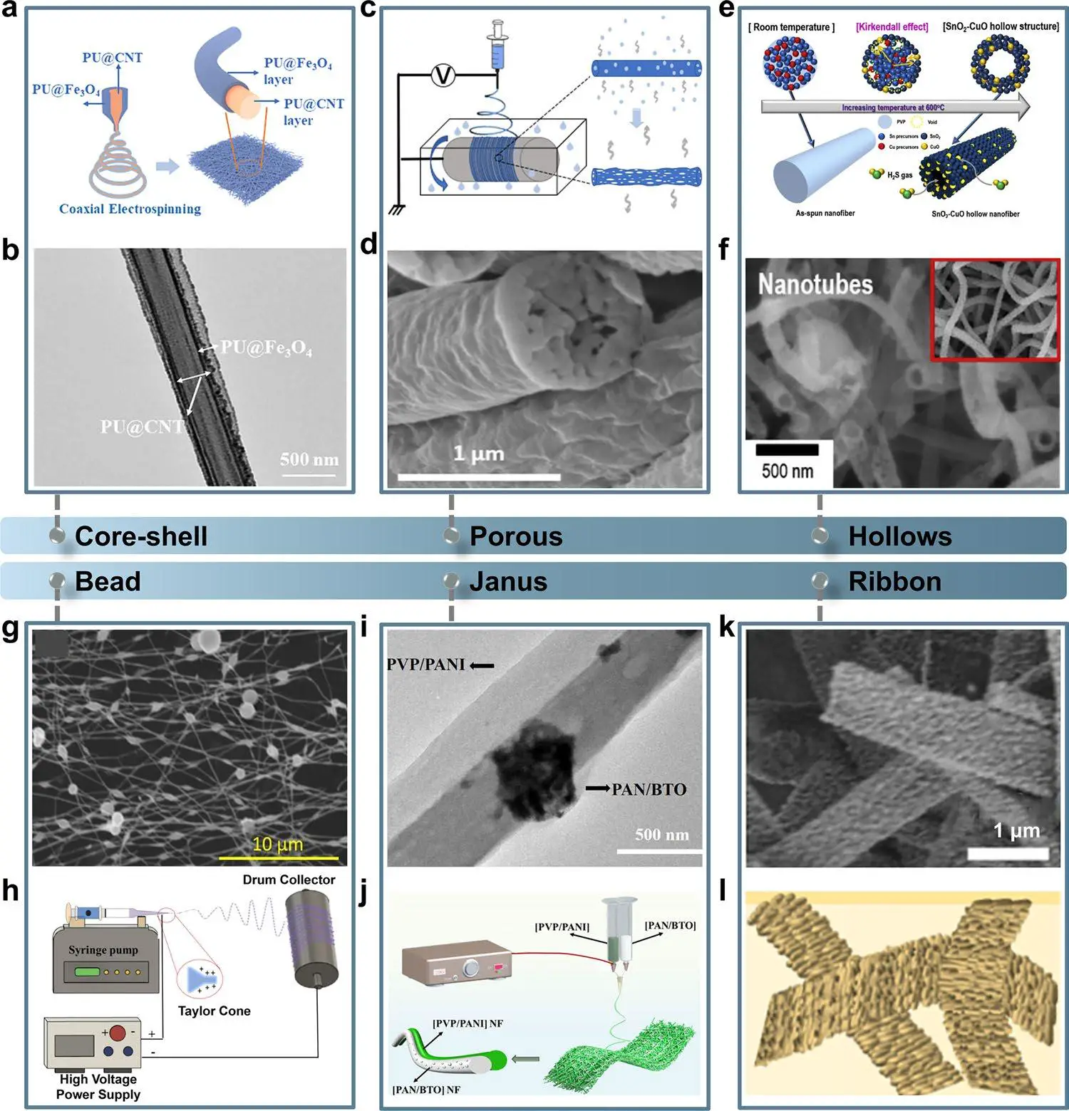 图3:不同类型电纺纳米纤维的结构与SEM图像