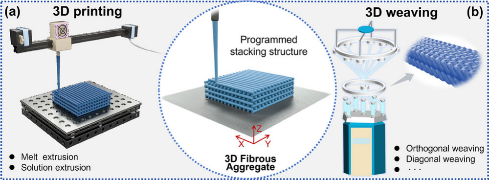 图14：总结了3D BFAMs的构建方法（3D打印、3D编织），说明其在复杂空间结构、力学性能与生物仿生方面的优势