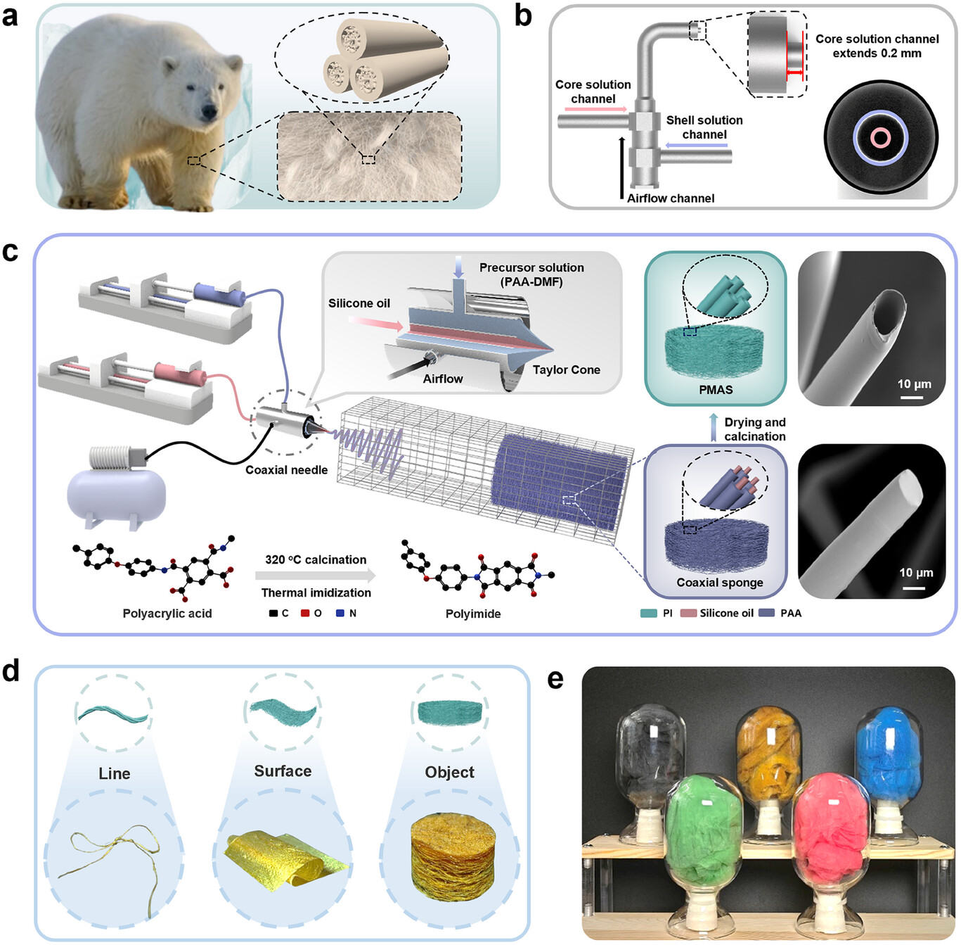 图1：气流诱导纺丝制备PMAS的仿生设计与工艺流程